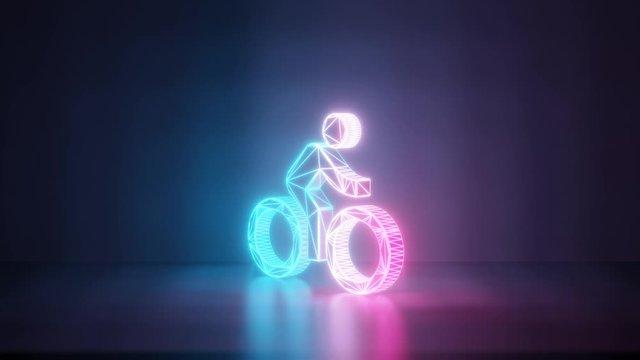 3d rendering glowing blue purple neon laser light with wireframe symbol of bike with rider in empty space corner seamless fade animation