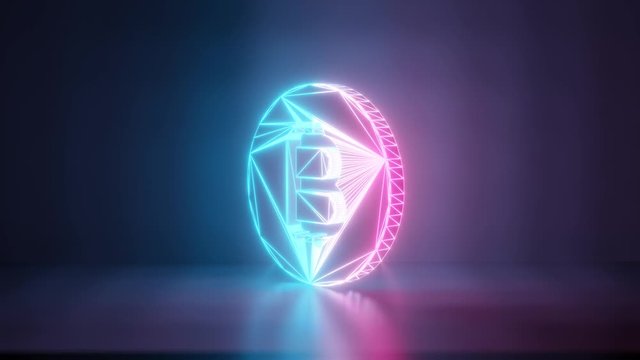 3d rendering glowing blue purple neon laser light with wireframe symbol of bitcoin as coin in empty space corner seamless fade animation