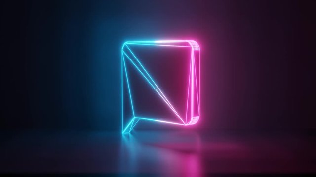 3d rendering glowing blue purple neon laser light with wireframe symbol of black bubble speech with sharp pointer in empty space corner seamless fade animation