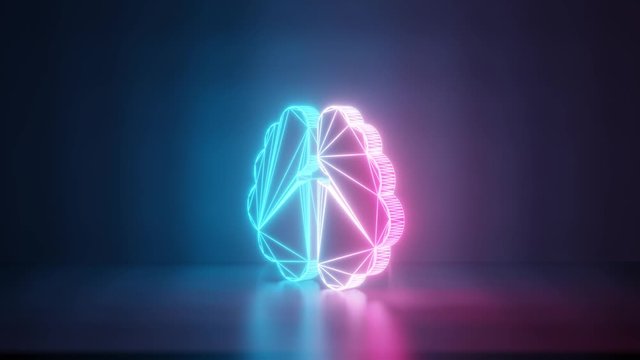 3d rendering glowing blue purple neon laser light with wireframe symbol of brain hemisphere in empty space corner seamless fade animation
