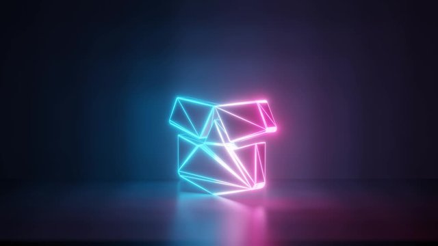 3d rendering glowing blue purple neon laser light with wireframe symbol of box open with flaps in empty space corner seamless fade animation