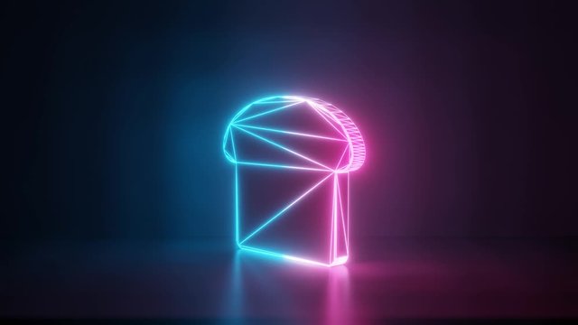 3d rendering glowing blue purple neon laser light with wireframe symbol of slice of toast bread in empty space corner seamless fade animation
