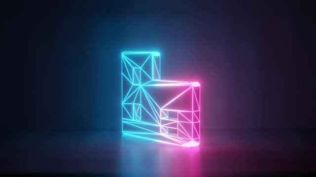 3d rendering glowing blue purple neon laser light with wireframe symbol of building in empty space corner seamless fade animation