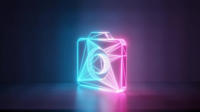 3d rendering glowing blue purple neon laser light with wireframe symbol of camera in empty space corner seamless fade animation