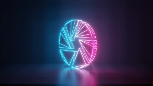 3d rendering glowing blue purple neon laser light with wireframe symbol of camera aperture in empty space corner seamless fade animation
