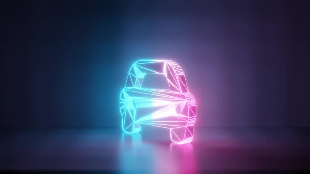 3d rendering glowing blue purple neon laser light with wireframe symbol of sports car in front view in empty space corner seamless fade animation