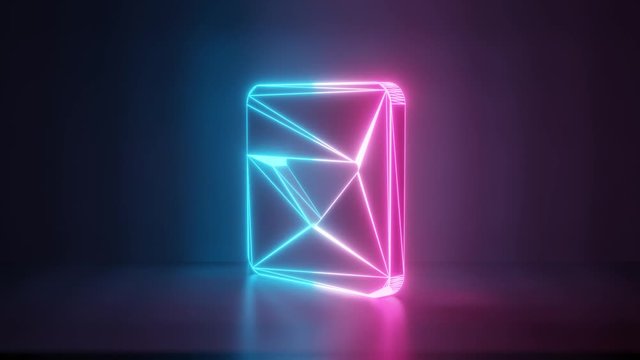 3d rendering glowing blue purple neon laser light with wireframe symbol of caret square down in empty space corner seamless fade animation