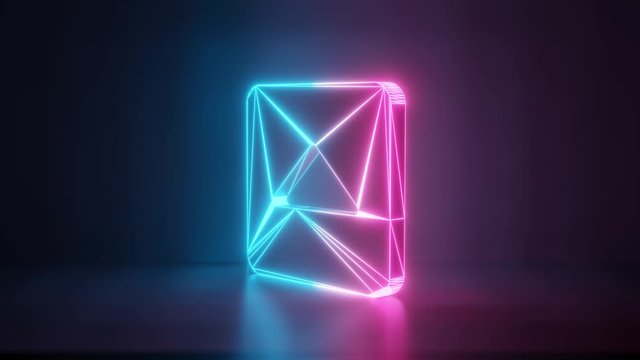 3d rendering glowing blue purple neon laser light with wireframe symbol of caret square up in empty space corner seamless fade animation