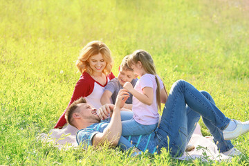 Naklejka na ściany i meble Happy family resting in park