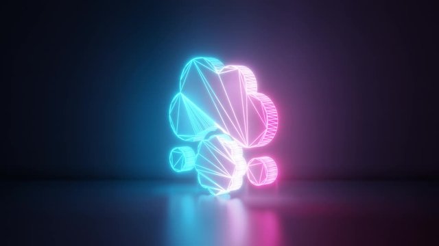 3d rendering glowing blue purple neon laser light with wireframe symbol of cloud falling meatball in empty space corner seamless fade animation