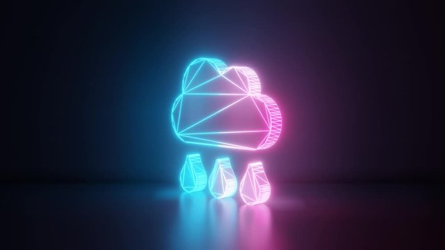 3d rendering glowing blue purple neon laser light with wireframe symbol of rain cloud with three drops in empty space corner seamless fade animation