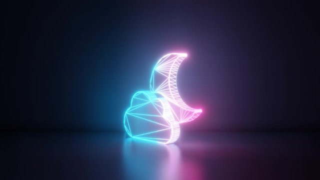 3d rendering glowing blue purple neon laser light with wireframe symbol of cloud partly covers moon in empty space corner seamless fade animation