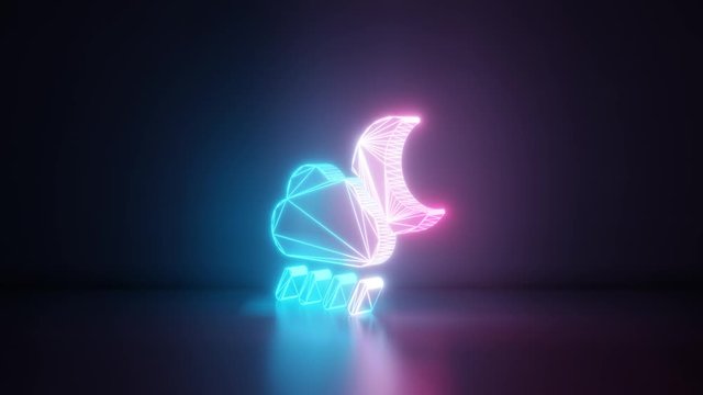 3d rendering glowing blue purple neon laser light with wireframe symbol of rainy cloud with partly covers moon in empty space corner seamless fade animation