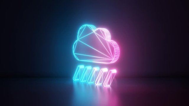 3d rendering glowing blue purple neon laser light with wireframe symbol of heavy rain cloud  in empty space corner seamless fade animation