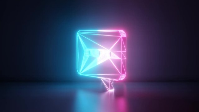 3d rendering glowing blue purple neon laser light with wireframe symbol of rectangular rounded chat bubble with three dots in empty space corner seamless fade animation