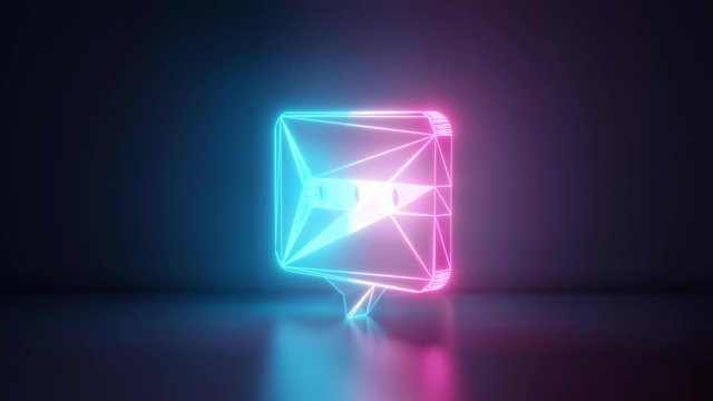 3d rendering glowing blue purple neon laser light with wireframe symbol of rectangular rounded chat bubble with three dots in empty space corner seamless fade animation