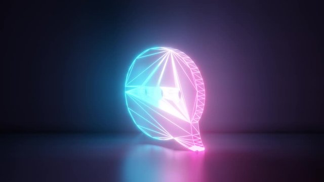 3d rendering glowing blue purple neon laser light with wireframe symbol of rectangular rounded chat bubble with three dots in empty space corner seamless fade animation