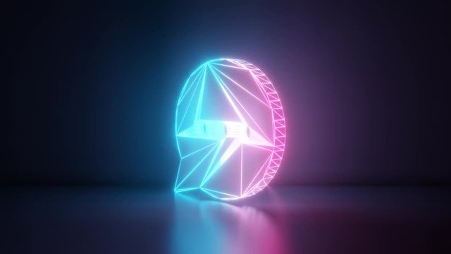3d rendering glowing blue purple neon laser light with wireframe symbol of rectangular rounded chat bubble with three dots in empty space corner seamless fade animation