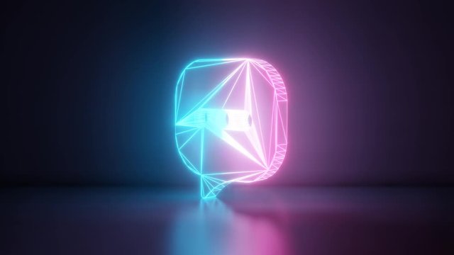 3d rendering glowing blue purple neon laser light with wireframe symbol of rectangular rounded chat bubble with three dots in empty space corner seamless fade animation