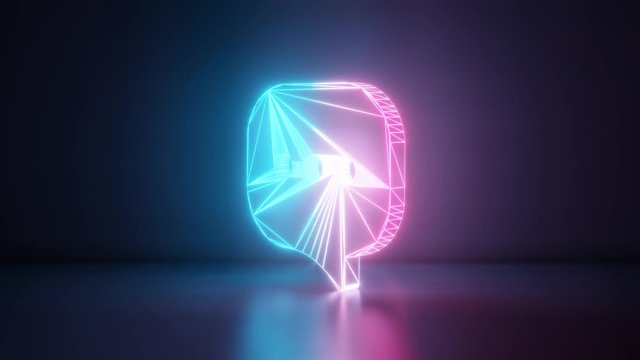 3d rendering glowing blue purple neon laser light with wireframe symbol of rectangular rounded chat bubble with three dots in empty space corner seamless fade animation