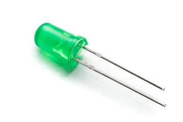 Green electronic LED (light emitting diod) on white background, macro shot