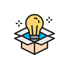 Vector light bulb in box, innovation, creative idea flat color line icon.