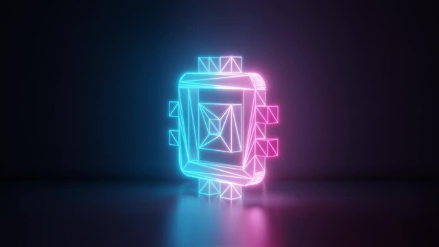 3d rendering glowing blue purple neon laser light with wireframe symbol of computer chip in empty space corner seamless fade animation