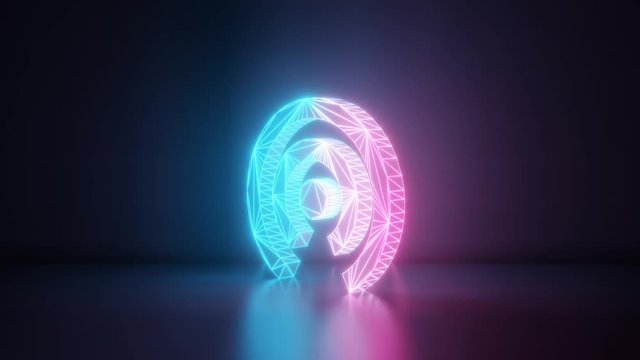 3d rendering glowing blue purple neon laser light with wireframe symbol of connection circular wires in empty space corner seamless fade animation
