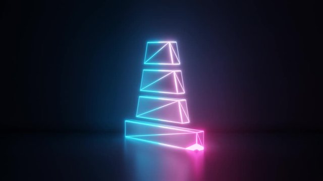 3d rendering glowing blue purple neon laser light with wireframe symbol of traffic cone in empty space corner seamless fade animation