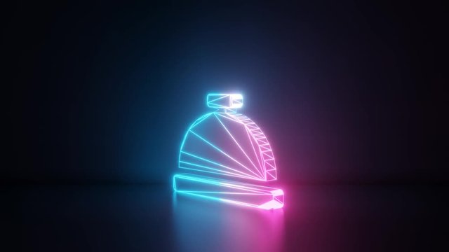 3d rendering glowing blue purple neon laser light with wireframe symbol of concierge bell in empty space corner seamless fade animation