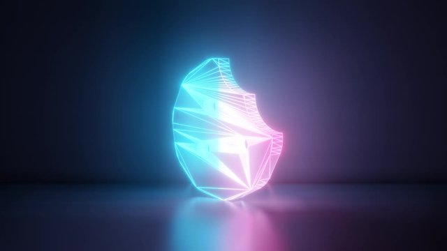 3d rendering glowing blue purple neon laser light with wireframe symbol of cookie bite in empty space corner seamless fade animation
