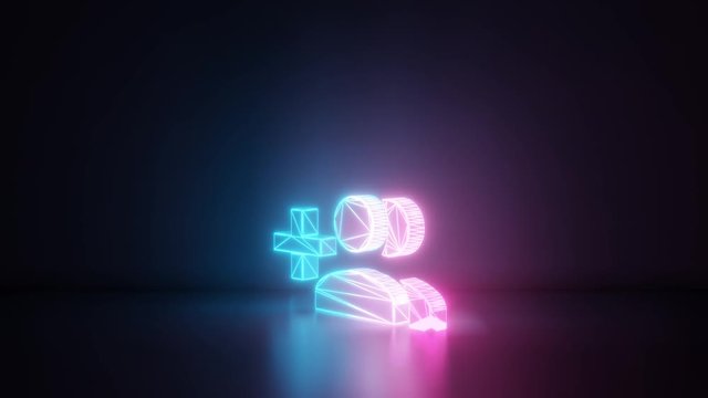 3d rendering glowing blue purple neon laser light with wireframe symbol of create group of two people and plus symbol in empty space corner seamless fade animation