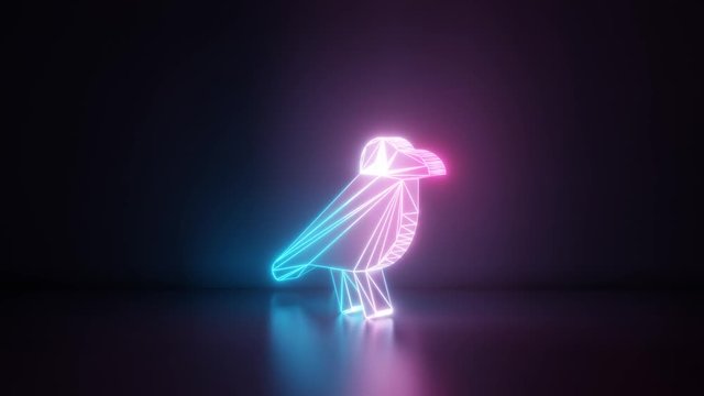 3d rendering glowing blue purple neon laser light with wireframe symbol of crow in empty space corner seamless fade animation