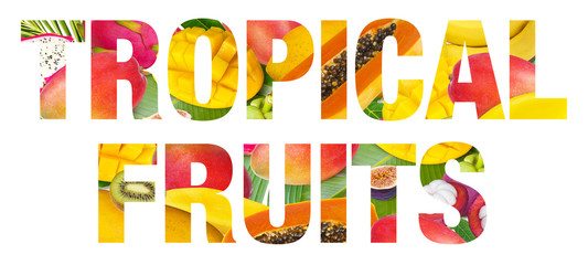 Tropical fruits text on а white background. Letters from fruit images
