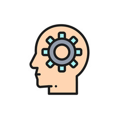 Vector head with gear, brain process, knowledge, idea flat color line icon.