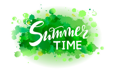 Vector illustration Summer time on abstract spot green watercolor background. Color herbal splashing isolated in the paper. watercolor print for clothes. Bright green blot for design and background
