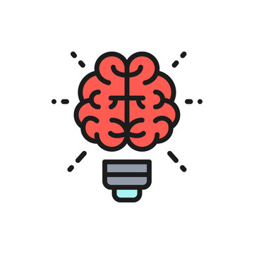 Vector brain and light bulb, innovation, creative idea flat color line icon.