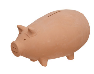 Traditional pottery, terracotta Piggy bank isolated on white. Savings or accumulation of money, banking, investment concept. Aka coin bank, money box.