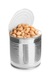 Tin can with beans on white background