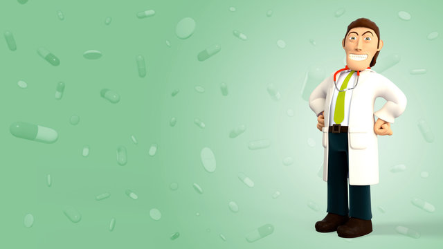 Cartoon 3d doctor with a stethoscope proud and smiling with hands on his hips on a green background with falling pills and tablets 3d rendering