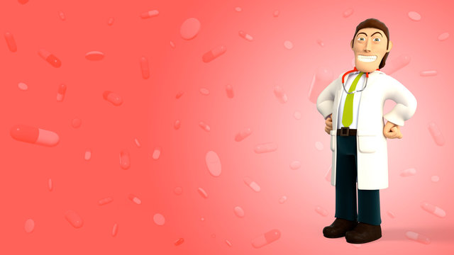 Cartoon 3d doctor with a stethoscope proud and smiling with hands on his hips on a red background with falling pills and tablets 3d rendering