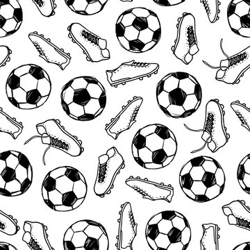Football Soccer balls and boots doodle seamless pattern. Vector illustration background. For print, textile, web, home decor, fashion, surface, graphic design