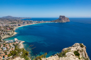 Fototapeta na wymiar Beaches of Calpe and the natural park of Penyal d'Ifac on background, Spain