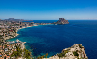 Beaches of Calpe and the natural park of Penyal d'Ifac on background, Spain