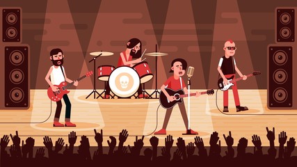 Rock band performs on stage in front of a crowd waving their hands. Vector flat illustration.