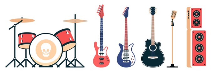 Rock band instruments set. Acoustic and electric guitars, drum set and speakers with a microphone. Vector illustration.