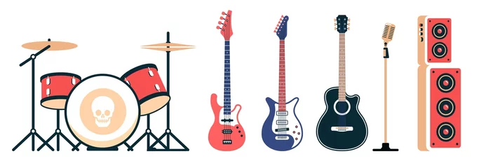 Fotobehang Rock band instruments set. Acoustic and electric guitars, drum set and speakers with a microphone. Vector illustration. © Agor2012