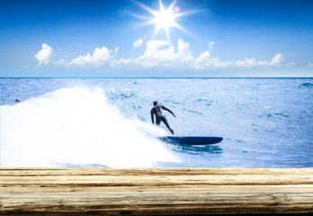 Fototapeta premium Table background of free space and summer background of beach 