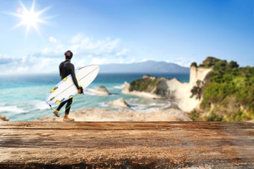 Table background of free space and summer background of beach 