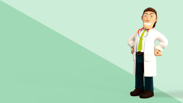Cartoon 3d doctor with a stethoscope proud and smiling with hands on his hips on a green diagonal splitted background 3d rendering